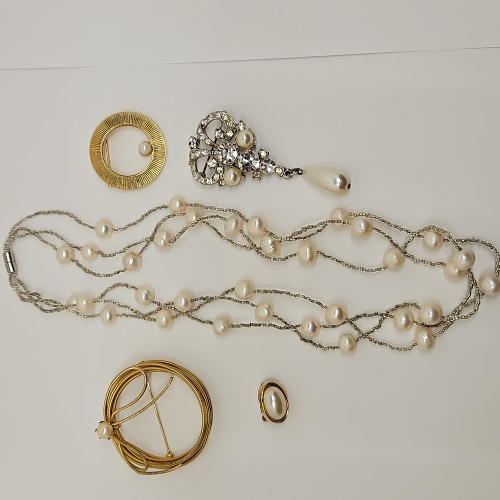 Pearl Lot Bundle Brooches Pins Necklace Jewelry Rhinestones Seed Beads